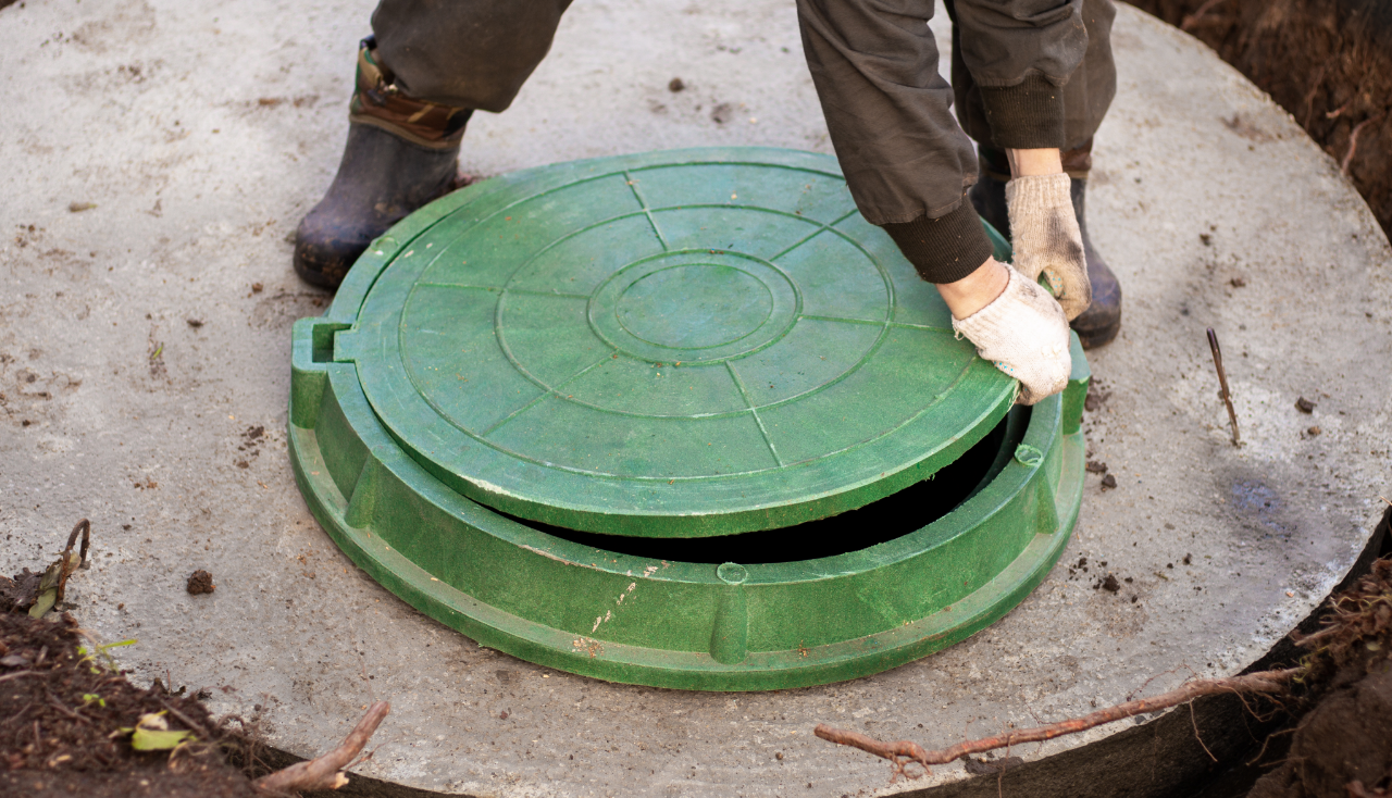 A worker installs a sewer manhole on a septic tank made of concrete rings construction of sewerage networks for country houses
